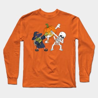 Funny Halloween Jack O Lantern Witch & Skeleton Dabbing Long Sleeve T-Shirt